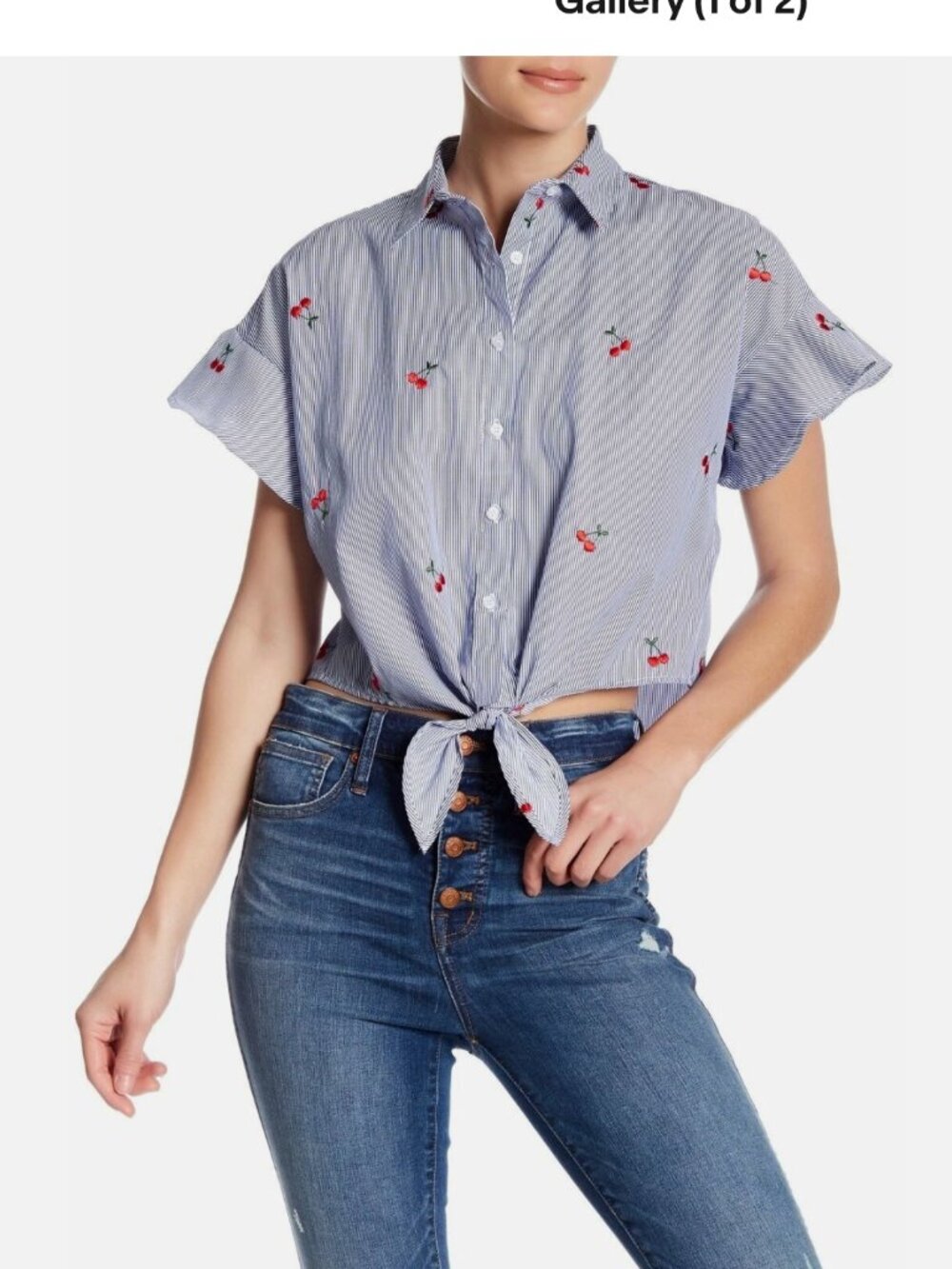Love, Fire Cherry Embroidered Pinstripe Tie-Front Blouse | Size L